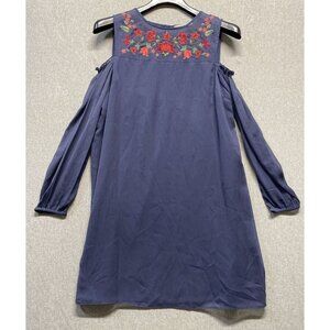 TU Womens Boho Floaty Open Shoulder Dress Size 14 Sheer Embroidered Top Navy